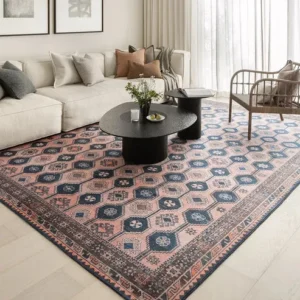 Traditional Tile Pattern Pink and Blue Carpet