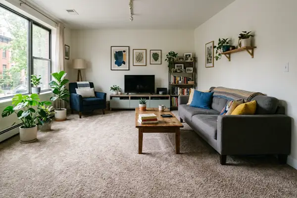 Apartment Wall to wall carpet designs displaying geometric patterns and neutral tones for a contemporary lounge interior