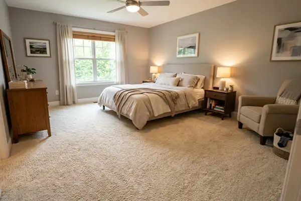Bedroom wall to wall carpet fitted with soft textured flooring beneath a bed for full floor coverage and comfort