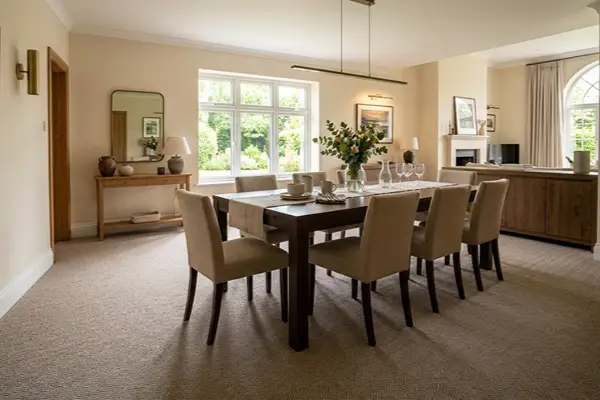 Dining room Wall to wall carpets Abu Dhabi installed in a modern villa living room with custom measured floor coverage