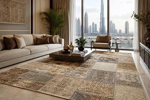 Patchwork rugs in Dubai styled in a luxury living room with Burj Khalifa views