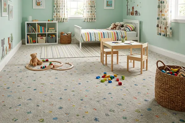 Kids room Wall to wall carpet installation showing carpet stretching and edge fitting across a residential living room floor