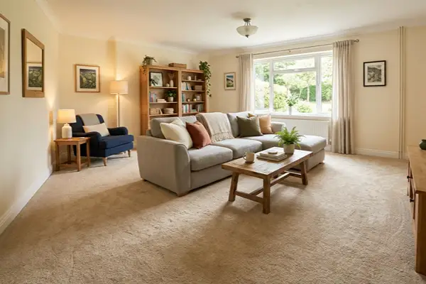Living room wall to wall carpet ideas showing soft neutral flooring with modern furniture and balanced room layout