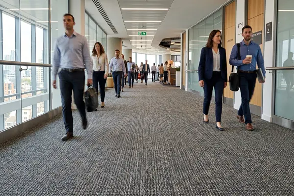 Loop Pile wall to wall carpet installed across a busy office hallway with durable textured surface for daily foot traffic