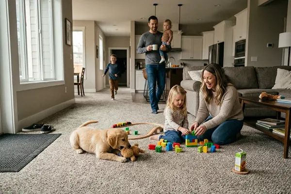 Nylon Wall to wall Carpets For Busy Households installed in a family living room with durable low-pile surface finish