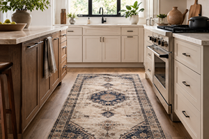 Kitchen rugs Dubai featuring a patterned area rug between modern cabinets