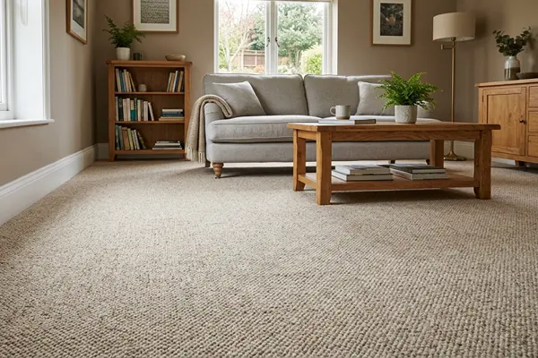 Woolen wall to wall carpet installed across a modern living room floor with soft textured fibers and seamless finish